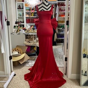 Red Mermaid Gown With Removable Large Bow And Train